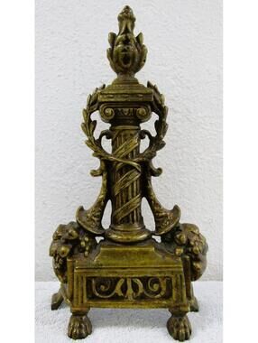 Small French Empire Louis XVI Style Brass Column & Flame Finial Andiron Front